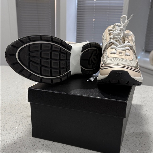 Authentic!! CHANEL Women's Beige and Metallic Sneakers - Picture 5 of 6